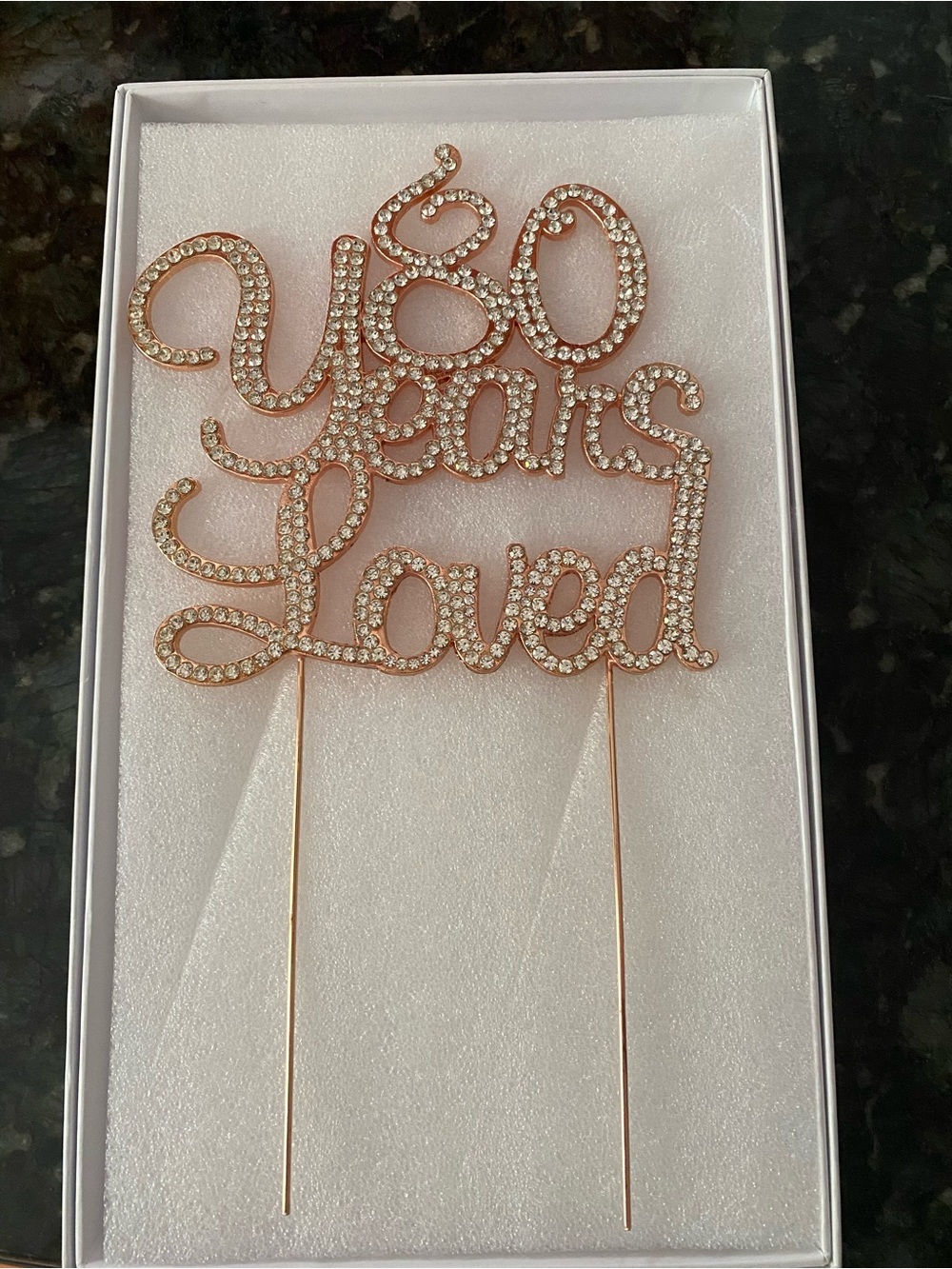 Rose Gold "80 Years Loved" Rhinestone Cake Topper -